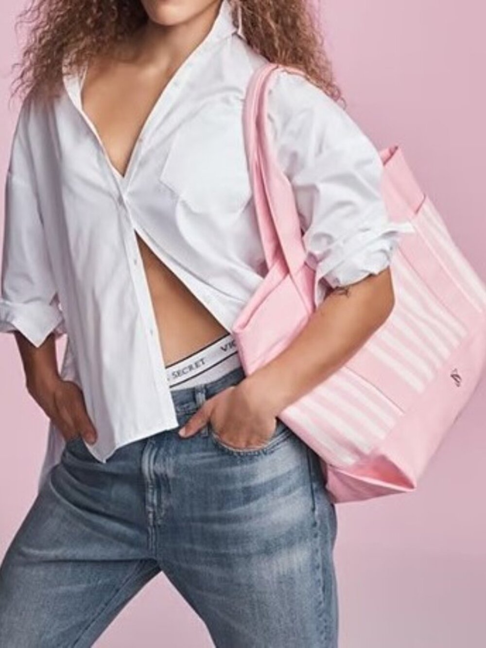 Victoria's Secret Large Pocket Tote Shoulder Bag Pink White Striped Canvas NWT